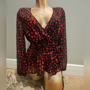 Women's Red and Black Heart Wrap Top